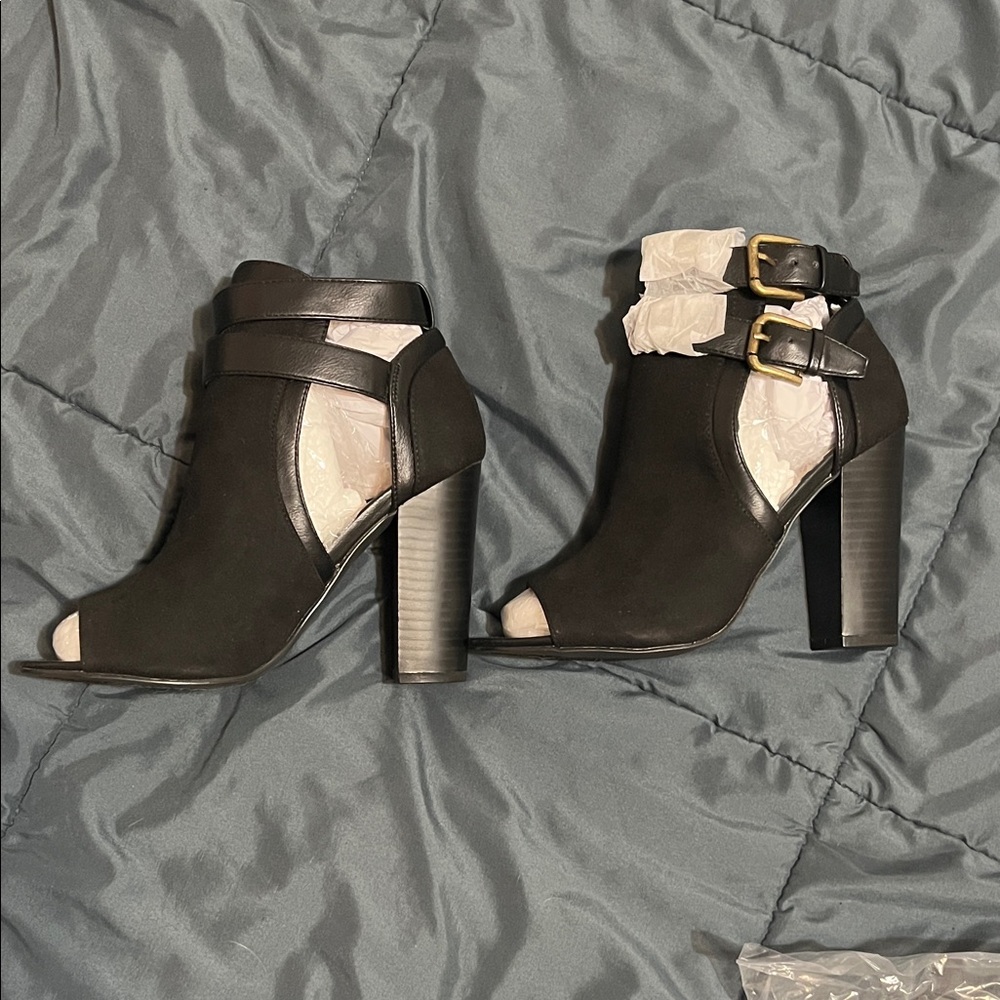 Shoe Dazzle Black Peep-Toe Heeled Boots